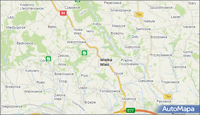 mapa Wielka Wieś powiat krakowski, Wielka Wieś powiat krakowski na mapie Targeo