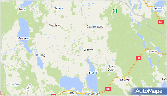mapa Witowo gmina Jedwabno, Witowo gmina Jedwabno na mapie Targeo