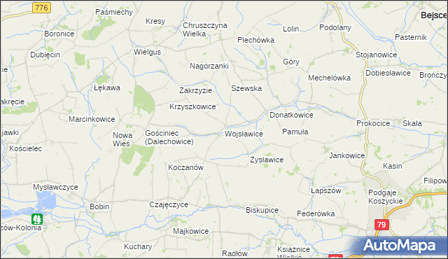 mapa Wojsławice gmina Kazimierza Wielka, Wojsławice gmina Kazimierza Wielka na mapie Targeo