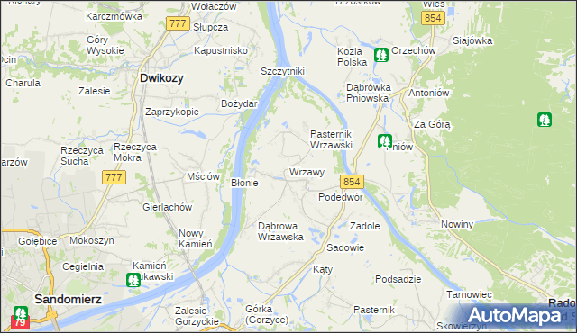 mapa Wrzawy gmina Gorzyce, Wrzawy gmina Gorzyce na mapie Targeo