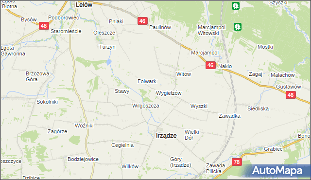 mapa Wygiełzów gmina Irządze, Wygiełzów gmina Irządze na mapie Targeo