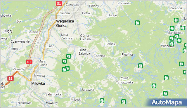 mapa Żabnica gmina Węgierska Górka, Żabnica gmina Węgierska Górka na mapie Targeo