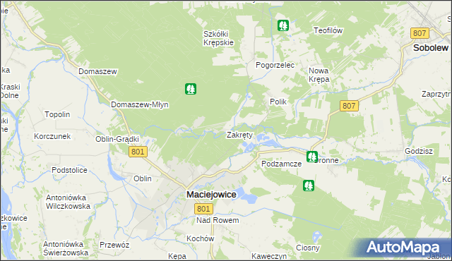 mapa Zakręty gmina Maciejowice, Zakręty gmina Maciejowice na mapie Targeo
