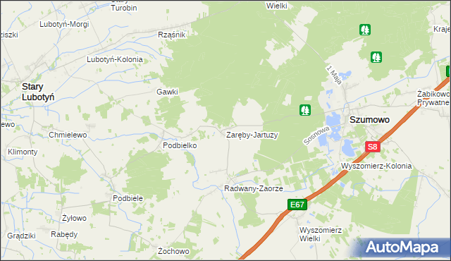 mapa Zaręby-Jartuzy, Zaręby-Jartuzy na mapie Targeo