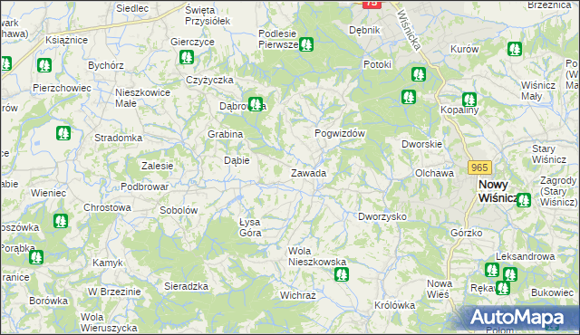 mapa Zawada gmina Bochnia, Zawada gmina Bochnia na mapie Targeo