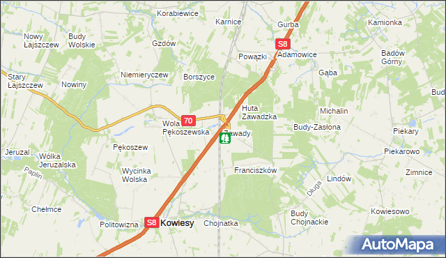 mapa Zawady gmina Kowiesy, Zawady gmina Kowiesy na mapie Targeo