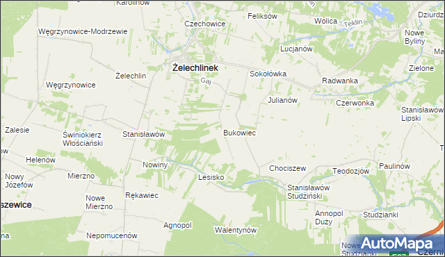 mapa Bukowiec gmina Żelechlinek, Bukowiec gmina Żelechlinek na mapie Targeo