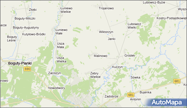mapa Malinowo gmina Klukowo, Malinowo gmina Klukowo na mapie Targeo