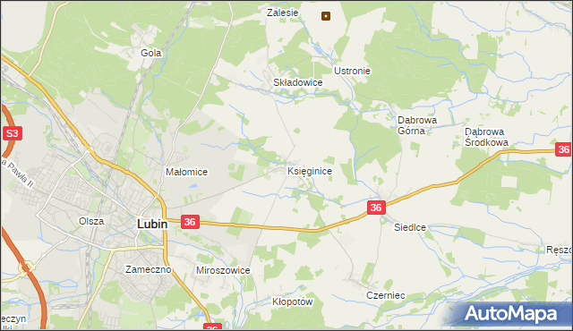 mapa Księginice gmina Lubin, Księginice gmina Lubin na mapie Targeo