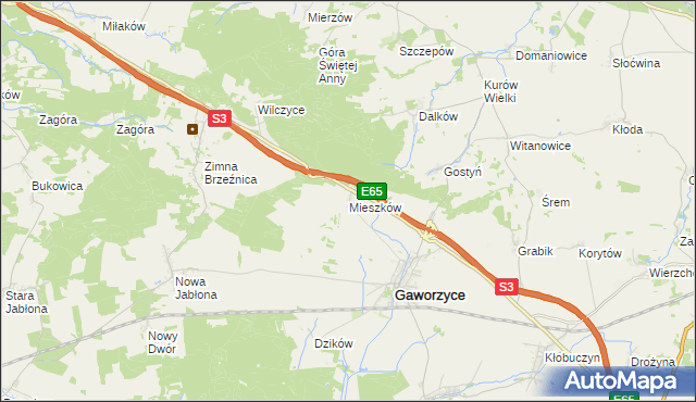 mapa Mieszków gmina Gaworzyce, Mieszków gmina Gaworzyce na mapie Targeo