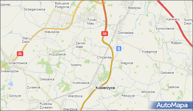mapa Chrzanów gmina Kobierzyce, Chrzanów gmina Kobierzyce na mapie Targeo