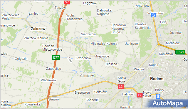 mapa Milejowice gmina Zakrzew, Milejowice gmina Zakrzew na mapie Targeo