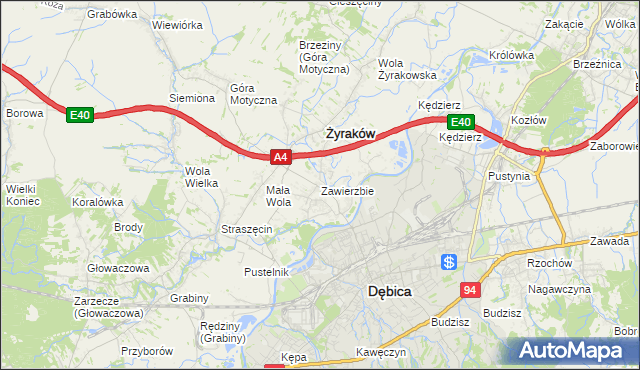 mapa Zawierzbie gmina Żyraków, Zawierzbie gmina Żyraków na mapie Targeo