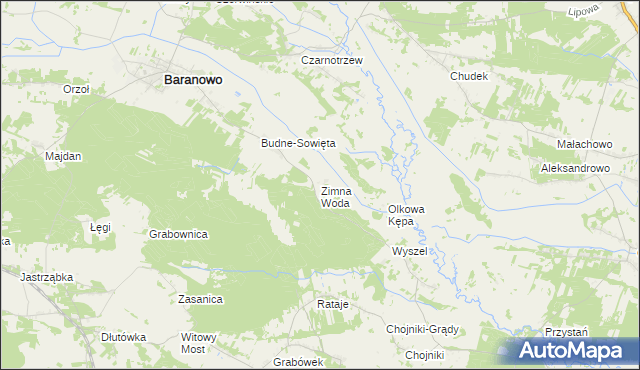 mapa Zimna Woda gmina Baranowo, Zimna Woda gmina Baranowo na mapie Targeo