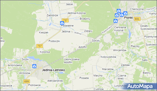 mapa Adolfin gmina Pionki, Adolfin gmina Pionki na mapie Targeo