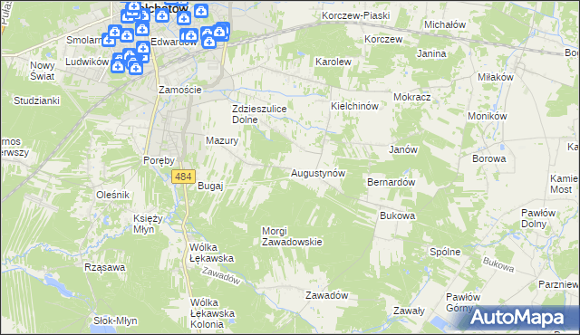 mapa Augustynów gmina Bełchatów, Augustynów gmina Bełchatów na mapie Targeo