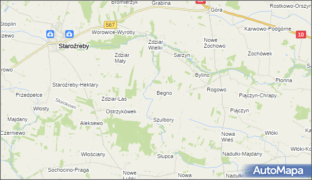 mapa Begno gmina Staroźreby, Begno gmina Staroźreby na mapie Targeo