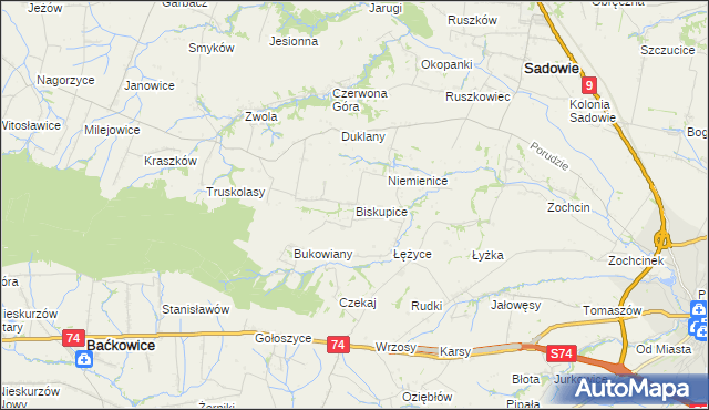 mapa Biskupice gmina Sadowie, Biskupice gmina Sadowie na mapie Targeo