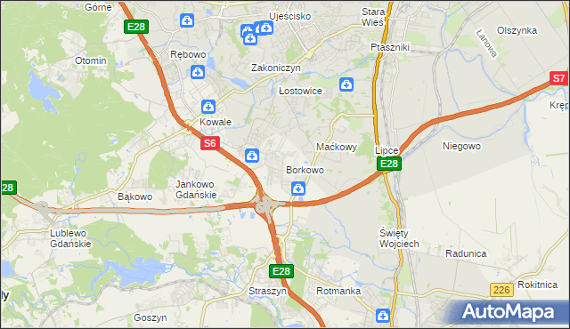 mapa Borkowo gmina Pruszcz Gdański, Borkowo gmina Pruszcz Gdański na mapie Targeo