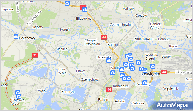 mapa Brzezinka gmina Oświęcim, Brzezinka gmina Oświęcim na mapie Targeo