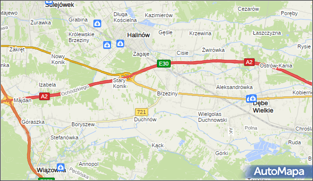 mapa Brzeziny gmina Halinów, Brzeziny gmina Halinów na mapie Targeo