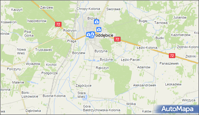 mapa Byczyna gmina Poddębice, Byczyna gmina Poddębice na mapie Targeo
