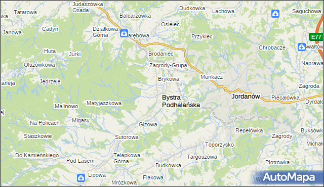 mapa Bystra Podhalańska, Bystra Podhalańska na mapie Targeo