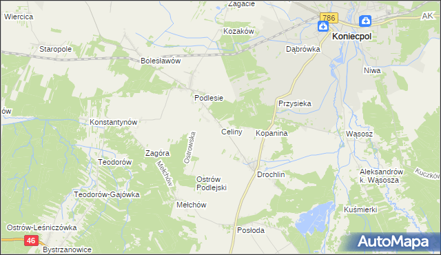 mapa Celiny gmina Lelów, Celiny gmina Lelów na mapie Targeo