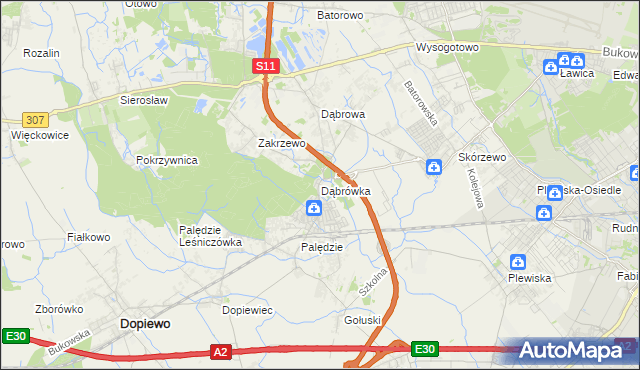 mapa Dąbrówka gmina Dopiewo, Dąbrówka gmina Dopiewo na mapie Targeo