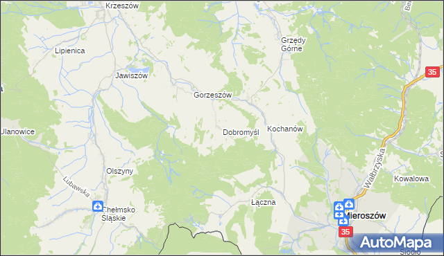 mapa Dobromyśl gmina Kamienna Góra, Dobromyśl gmina Kamienna Góra na mapie Targeo