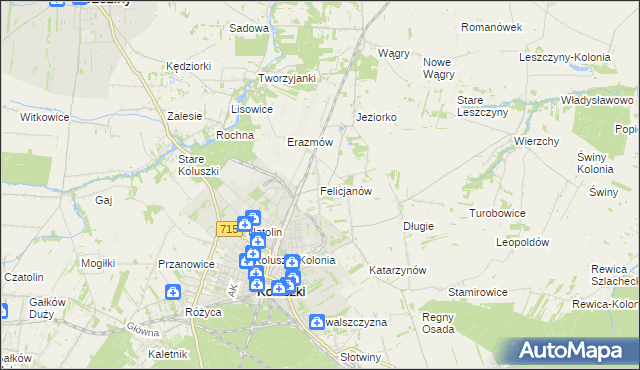 mapa Felicjanów gmina Koluszki, Felicjanów gmina Koluszki na mapie Targeo