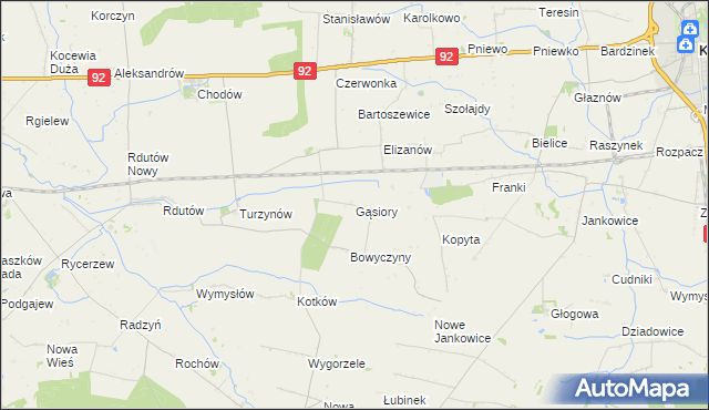 mapa Gąsiory gmina Chodów, Gąsiory gmina Chodów na mapie Targeo