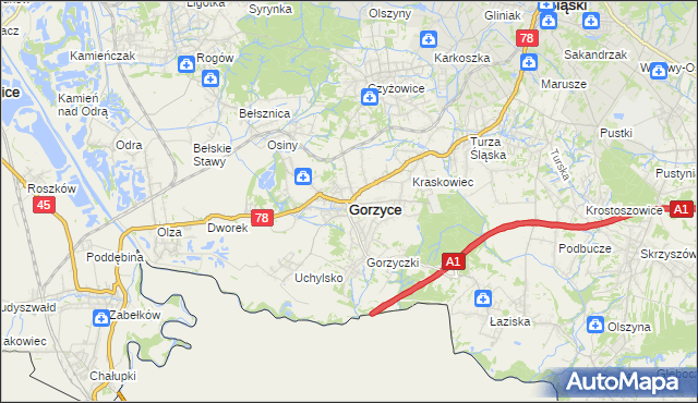 mapa Gorzyce powiat wodzisławski, Gorzyce powiat wodzisławski na mapie Targeo