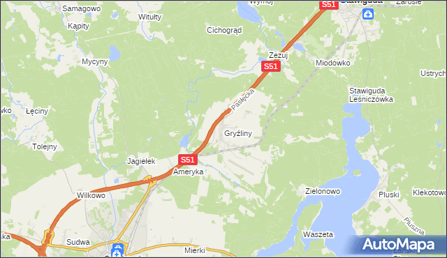 mapa Gryźliny gmina Stawiguda, Gryźliny gmina Stawiguda na mapie Targeo