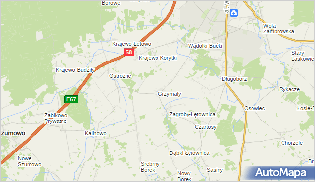 mapa Grzymały gmina Zambrów, Grzymały gmina Zambrów na mapie Targeo