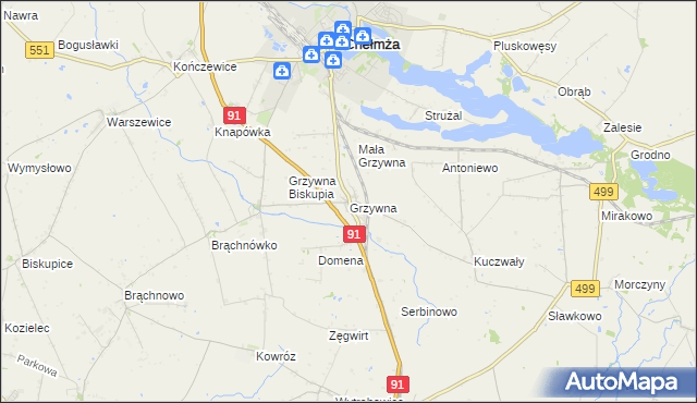 mapa Grzywna gmina Chełmża, Grzywna gmina Chełmża na mapie Targeo