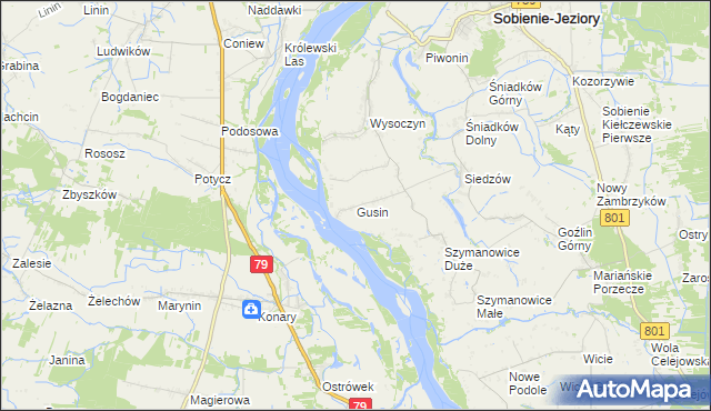 mapa Gusin gmina Sobienie-Jeziory, Gusin gmina Sobienie-Jeziory na mapie Targeo