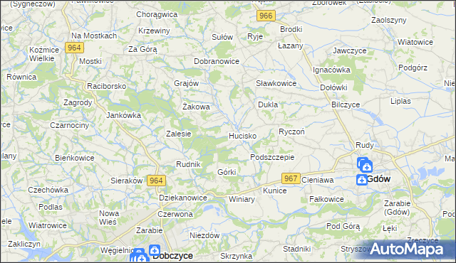 mapa Hucisko gmina Gdów, Hucisko gmina Gdów na mapie Targeo