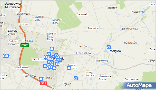 mapa Jacków gmina Mełgiew, Jacków gmina Mełgiew na mapie Targeo
