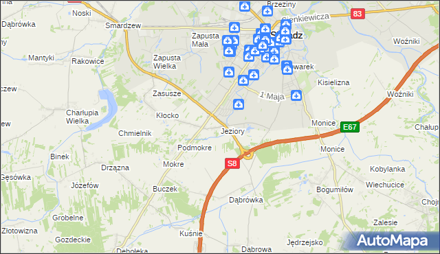 mapa Jeziory gmina Sieradz, Jeziory gmina Sieradz na mapie Targeo