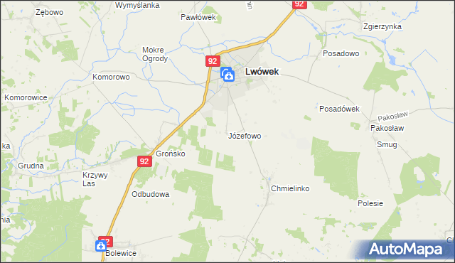 mapa Józefowo gmina Lwówek, Józefowo gmina Lwówek na mapie Targeo