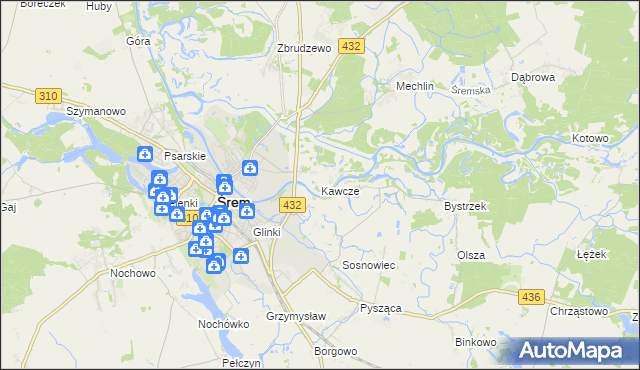 mapa Kawcze gmina Śrem, Kawcze gmina Śrem na mapie Targeo