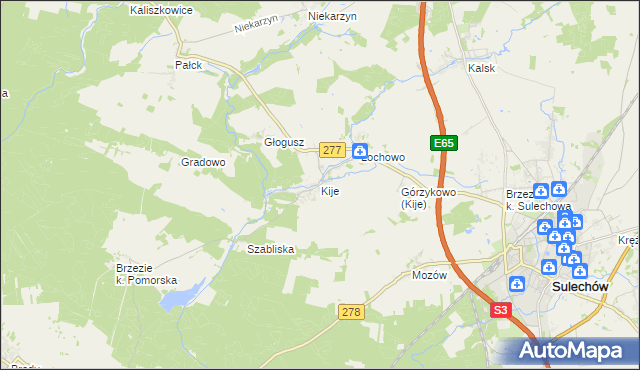 mapa Kije gmina Sulechów, Kije gmina Sulechów na mapie Targeo