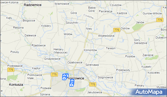 mapa Klimontów gmina Proszowice, Klimontów gmina Proszowice na mapie Targeo
