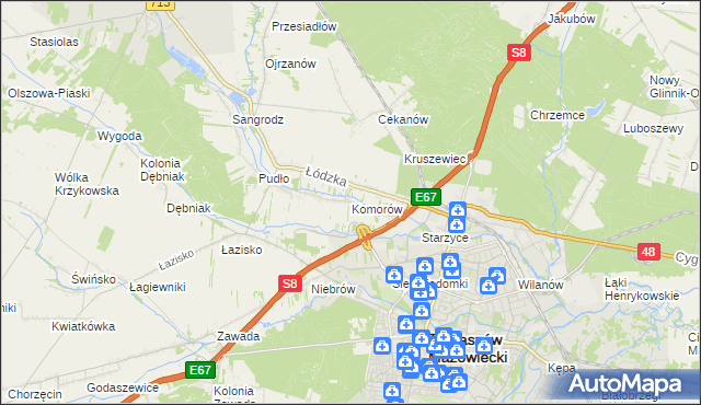 mapa Komorów gmina Tomaszów Mazowiecki, Komorów gmina Tomaszów Mazowiecki na mapie Targeo