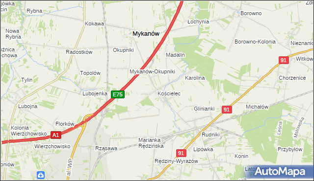 mapa Kościelec gmina Rędziny, Kościelec gmina Rędziny na mapie Targeo