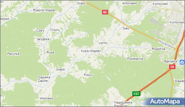 mapa Koziki gmina Ostrów Mazowiecka, Koziki gmina Ostrów Mazowiecka na mapie Targeo