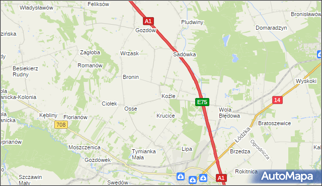 mapa Koźle gmina Stryków, Koźle gmina Stryków na mapie Targeo