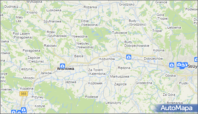 mapa Kożuchów gmina Wiśniowa, Kożuchów gmina Wiśniowa na mapie Targeo