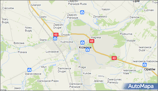 mapa Krzepice powiat kłobucki, Krzepice powiat kłobucki na mapie Targeo